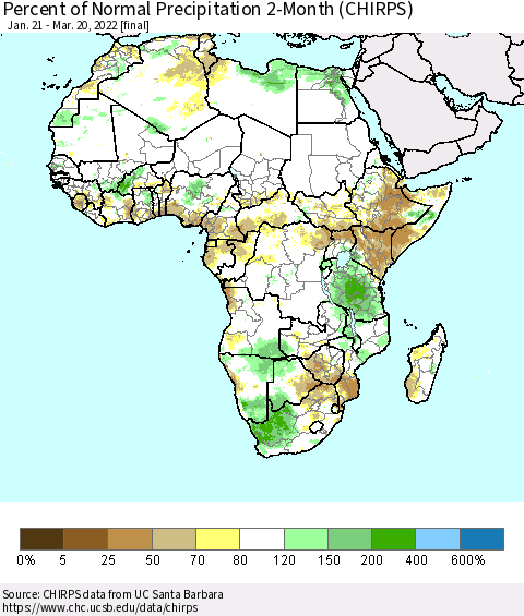 Africa Percent of Normal Precipitation 2-Month (CHIRPS) Thematic Map For 1/21/2022 - 3/20/2022