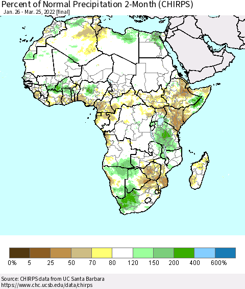 Africa Percent of Normal Precipitation 2-Month (CHIRPS) Thematic Map For 1/26/2022 - 3/25/2022