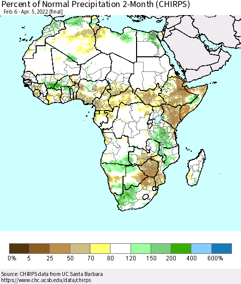 Africa Percent of Normal Precipitation 2-Month (CHIRPS) Thematic Map For 2/6/2022 - 4/5/2022