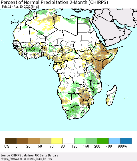 Africa Percent of Normal Precipitation 2-Month (CHIRPS) Thematic Map For 2/11/2022 - 4/10/2022