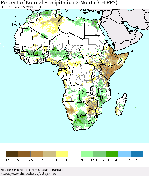 Africa Percent of Normal Precipitation 2-Month (CHIRPS) Thematic Map For 2/16/2022 - 4/15/2022