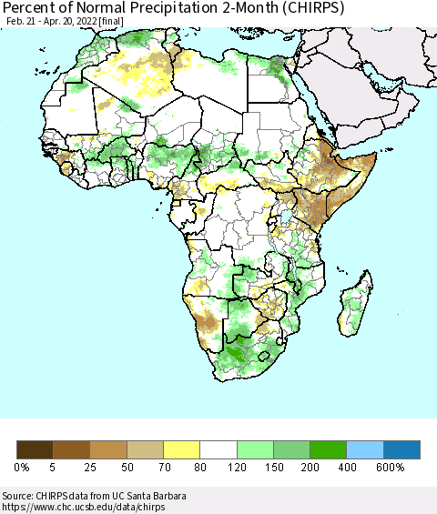 Africa Percent of Normal Precipitation 2-Month (CHIRPS) Thematic Map For 2/21/2022 - 4/20/2022