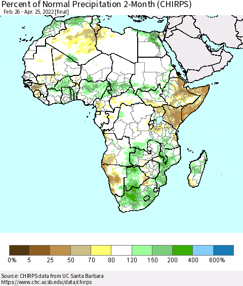 Africa Percent of Normal Precipitation 2-Month (CHIRPS) Thematic Map For 2/26/2022 - 4/25/2022