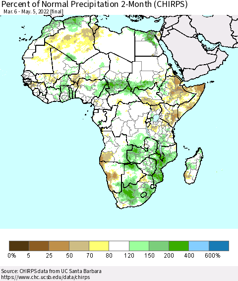 Africa Percent of Normal Precipitation 2-Month (CHIRPS) Thematic Map For 3/6/2022 - 5/5/2022
