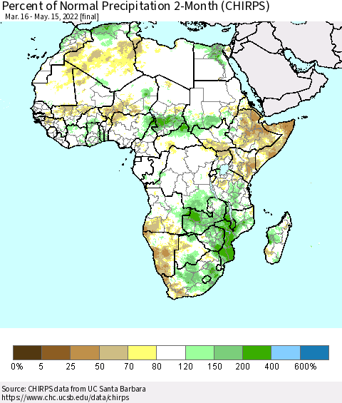 Africa Percent of Normal Precipitation 2-Month (CHIRPS) Thematic Map For 3/16/2022 - 5/15/2022