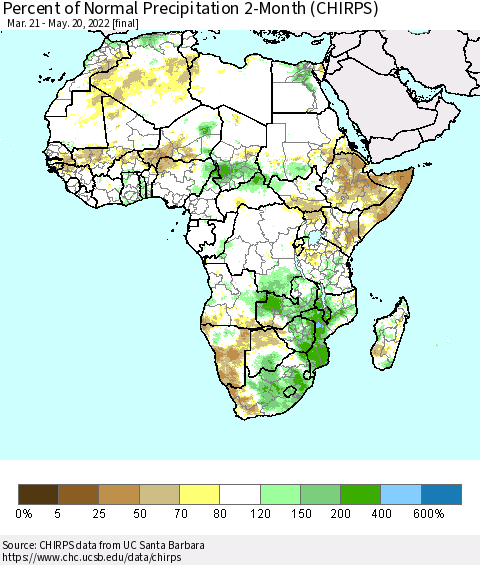 Africa Percent of Normal Precipitation 2-Month (CHIRPS) Thematic Map For 3/21/2022 - 5/20/2022