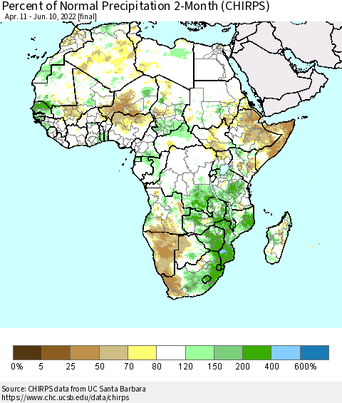 Africa Percent of Normal Precipitation 2-Month (CHIRPS) Thematic Map For 4/11/2022 - 6/10/2022