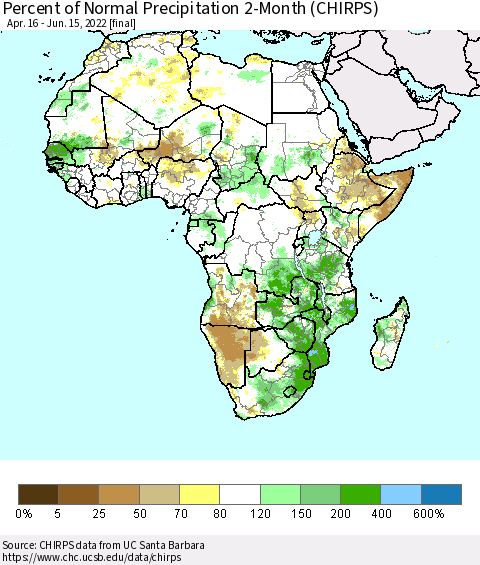 Africa Percent of Normal Precipitation 2-Month (CHIRPS) Thematic Map For 4/16/2022 - 6/15/2022