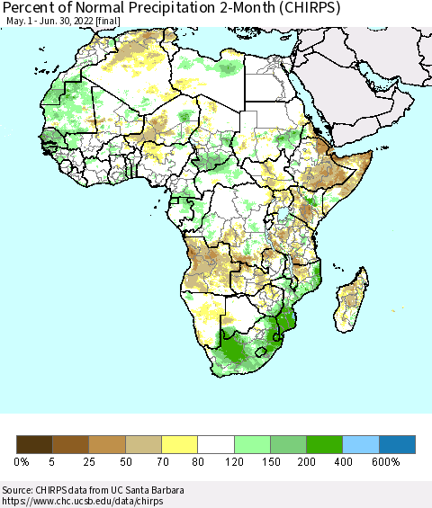 Africa Percent of Normal Precipitation 2-Month (CHIRPS) Thematic Map For 5/1/2022 - 6/30/2022
