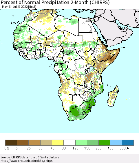 Africa Percent of Normal Precipitation 2-Month (CHIRPS) Thematic Map For 5/6/2022 - 7/5/2022