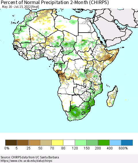 Africa Percent of Normal Precipitation 2-Month (CHIRPS) Thematic Map For 5/16/2022 - 7/15/2022