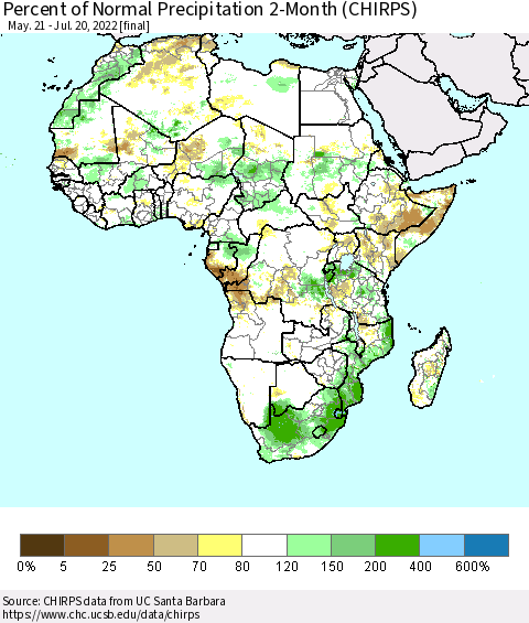 Africa Percent of Normal Precipitation 2-Month (CHIRPS) Thematic Map For 5/21/2022 - 7/20/2022