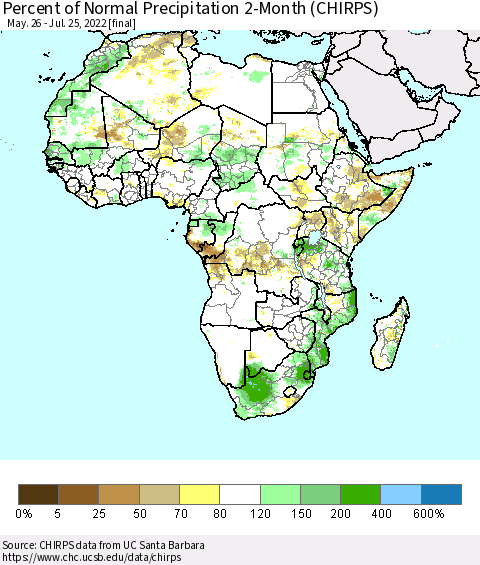 Africa Percent of Normal Precipitation 2-Month (CHIRPS) Thematic Map For 5/26/2022 - 7/25/2022