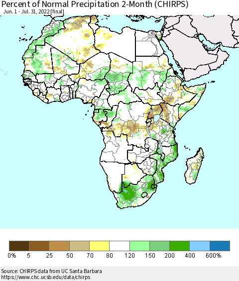 Africa Percent of Normal Precipitation 2-Month (CHIRPS) Thematic Map For 6/1/2022 - 7/31/2022