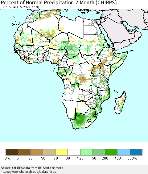 Africa Percent of Normal Precipitation 2-Month (CHIRPS) Thematic Map For 6/6/2022 - 8/5/2022