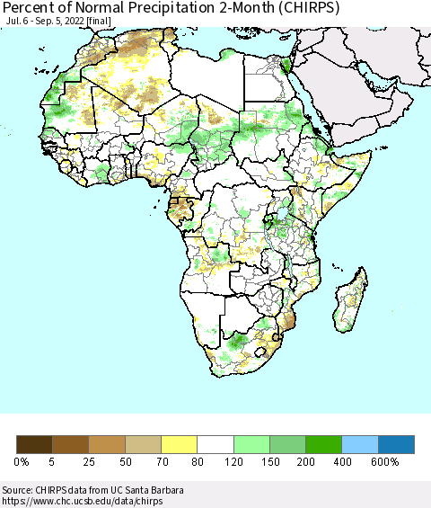 Africa Percent of Normal Precipitation 2-Month (CHIRPS) Thematic Map For 7/6/2022 - 9/5/2022