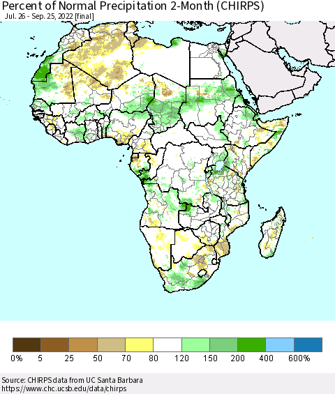 Africa Percent of Normal Precipitation 2-Month (CHIRPS) Thematic Map For 7/26/2022 - 9/25/2022