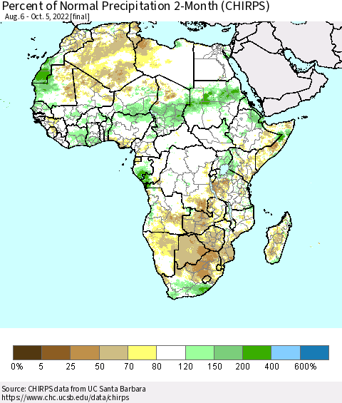 Africa Percent of Normal Precipitation 2-Month (CHIRPS) Thematic Map For 8/6/2022 - 10/5/2022