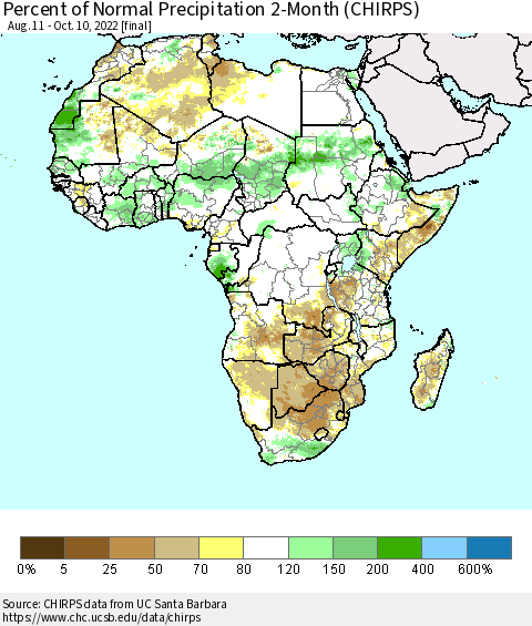 Africa Percent of Normal Precipitation 2-Month (CHIRPS) Thematic Map For 8/11/2022 - 10/10/2022