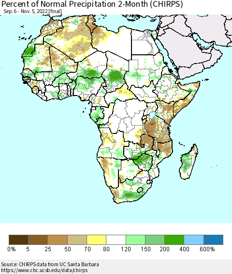 Africa Percent of Normal Precipitation 2-Month (CHIRPS) Thematic Map For 9/6/2022 - 11/5/2022