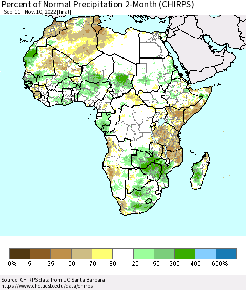Africa Percent of Normal Precipitation 2-Month (CHIRPS) Thematic Map For 9/11/2022 - 11/10/2022