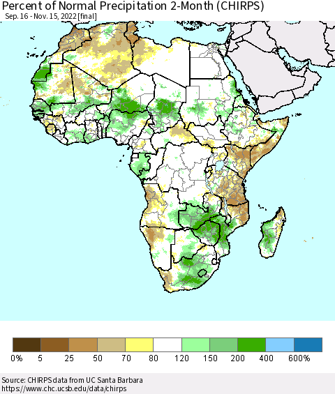 Africa Percent of Normal Precipitation 2-Month (CHIRPS) Thematic Map For 9/16/2022 - 11/15/2022