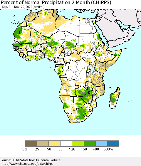 Africa Percent of Normal Precipitation 2-Month (CHIRPS) Thematic Map For 9/21/2022 - 11/20/2022