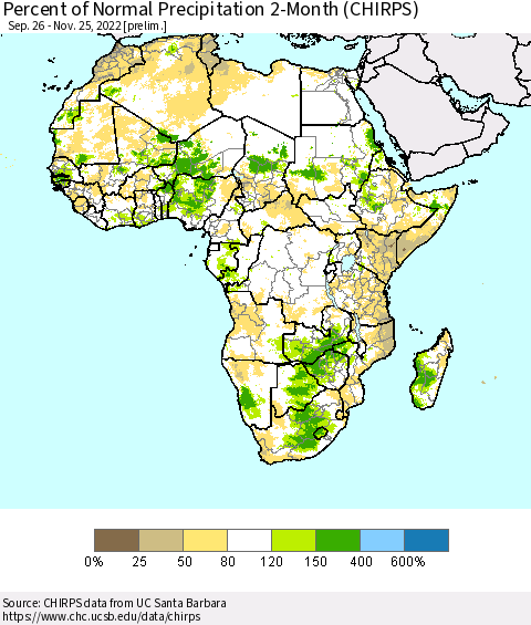 Africa Percent of Normal Precipitation 2-Month (CHIRPS) Thematic Map For 9/26/2022 - 11/25/2022