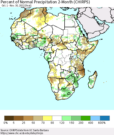 Africa Percent of Normal Precipitation 2-Month (CHIRPS) Thematic Map For 10/1/2022 - 11/30/2022