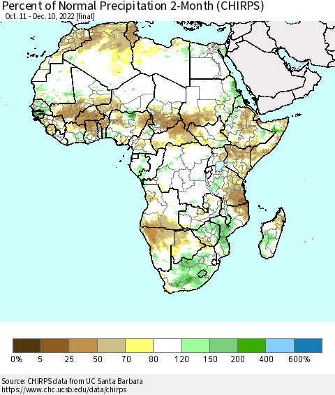 Africa Percent of Normal Precipitation 2-Month (CHIRPS) Thematic Map For 10/11/2022 - 12/10/2022