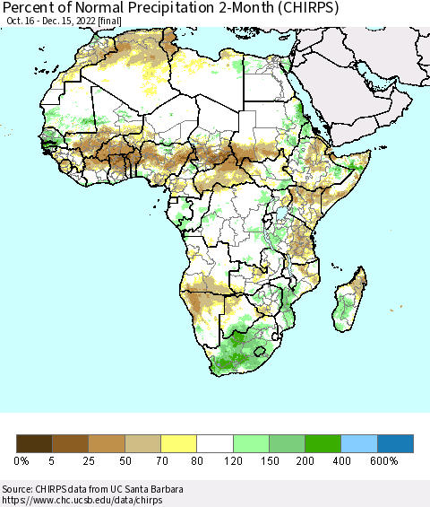 Africa Percent of Normal Precipitation 2-Month (CHIRPS) Thematic Map For 10/16/2022 - 12/15/2022