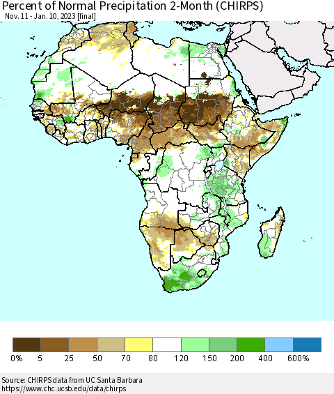 Africa Percent of Normal Precipitation 2-Month (CHIRPS) Thematic Map For 11/11/2022 - 1/10/2023