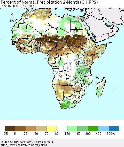 Africa Percent of Normal Precipitation 2-Month (CHIRPS) Thematic Map For 11/16/2022 - 1/15/2023