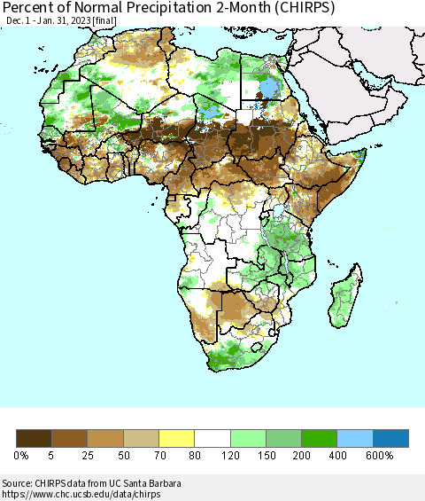 Africa Percent of Normal Precipitation 2-Month (CHIRPS) Thematic Map For 12/1/2022 - 1/31/2023