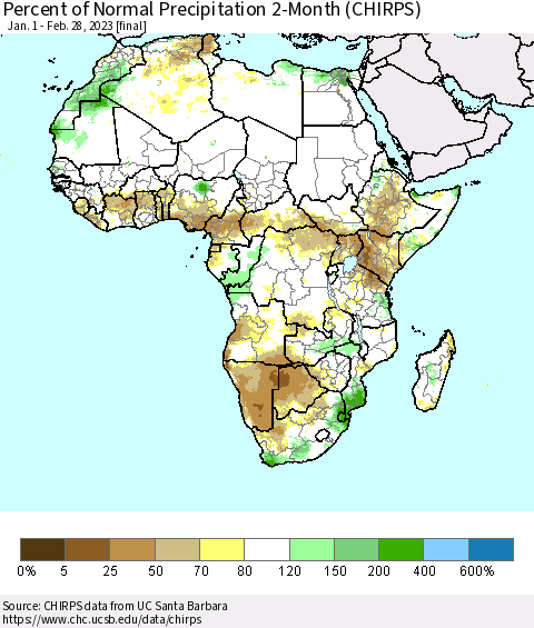 Africa Percent of Normal Precipitation 2-Month (CHIRPS) Thematic Map For 1/1/2023 - 2/28/2023