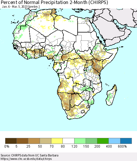 Africa Percent of Normal Precipitation 2-Month (CHIRPS) Thematic Map For 1/6/2023 - 3/5/2023