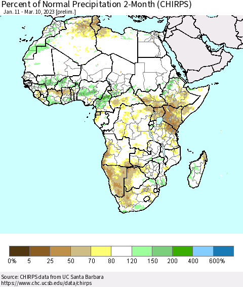Africa Percent of Normal Precipitation 2-Month (CHIRPS) Thematic Map For 1/11/2023 - 3/10/2023
