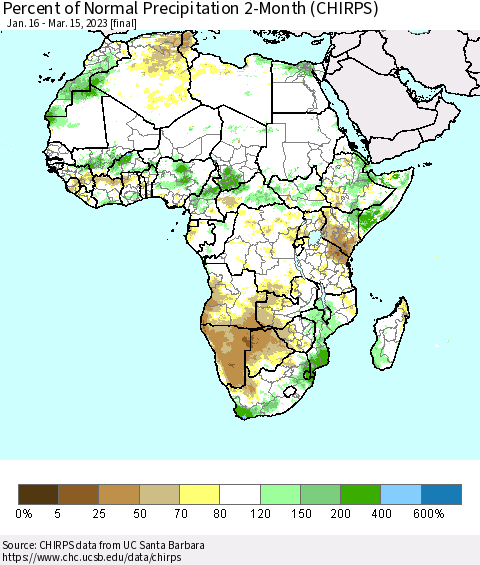Africa Percent of Normal Precipitation 2-Month (CHIRPS) Thematic Map For 1/16/2023 - 3/15/2023