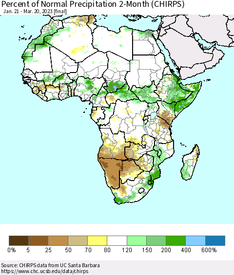 Africa Percent of Normal Precipitation 2-Month (CHIRPS) Thematic Map For 1/21/2023 - 3/20/2023