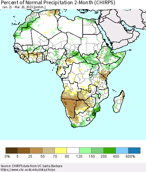 Africa Percent of Normal Precipitation 2-Month (CHIRPS) Thematic Map For 1/21/2023 - 3/20/2023