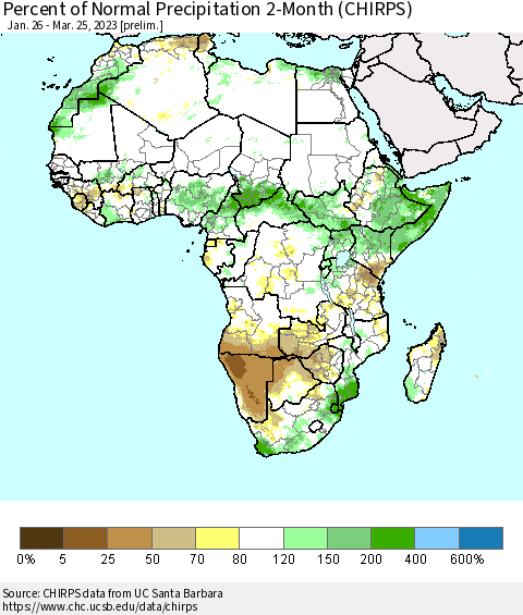 Africa Percent of Normal Precipitation 2-Month (CHIRPS) Thematic Map For 1/26/2023 - 3/25/2023