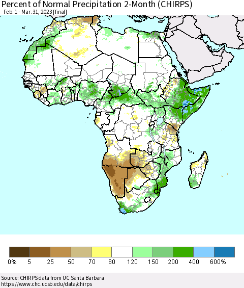 Africa Percent of Normal Precipitation 2-Month (CHIRPS) Thematic Map For 2/1/2023 - 3/31/2023