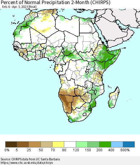 Africa Percent of Normal Precipitation 2-Month (CHIRPS) Thematic Map For 2/6/2023 - 4/5/2023