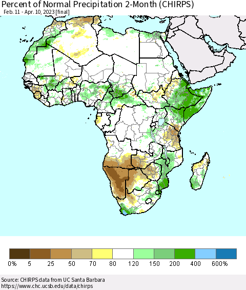 Africa Percent of Normal Precipitation 2-Month (CHIRPS) Thematic Map For 2/11/2023 - 4/10/2023
