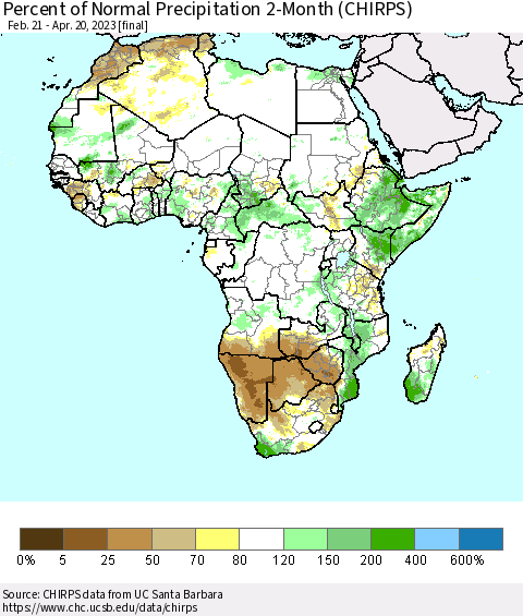 Africa Percent of Normal Precipitation 2-Month (CHIRPS) Thematic Map For 2/21/2023 - 4/20/2023