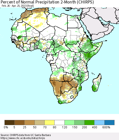 Africa Percent of Normal Precipitation 2-Month (CHIRPS) Thematic Map For 2/26/2023 - 4/25/2023