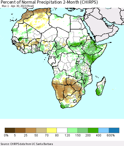 Africa Percent of Normal Precipitation 2-Month (CHIRPS) Thematic Map For 3/1/2023 - 4/30/2023