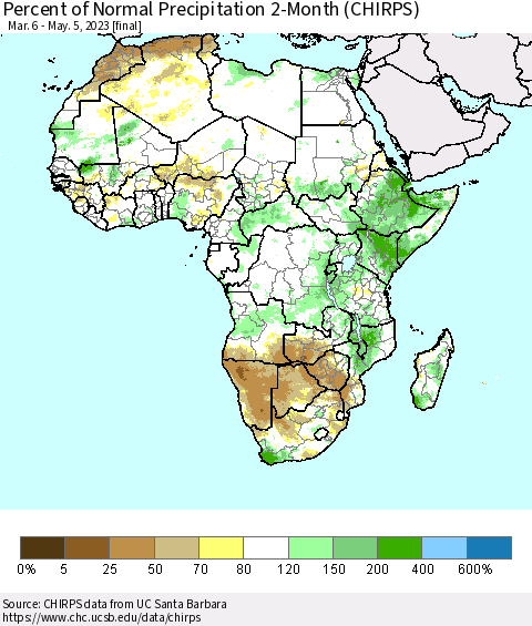 Africa Percent of Normal Precipitation 2-Month (CHIRPS) Thematic Map For 3/6/2023 - 5/5/2023