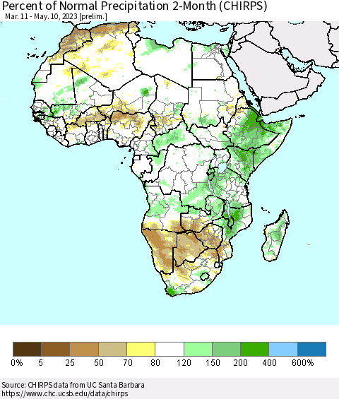 Africa Percent of Normal Precipitation 2-Month (CHIRPS) Thematic Map For 3/11/2023 - 5/10/2023