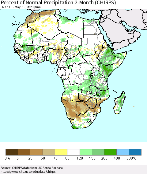 Africa Percent of Normal Precipitation 2-Month (CHIRPS) Thematic Map For 3/16/2023 - 5/15/2023
